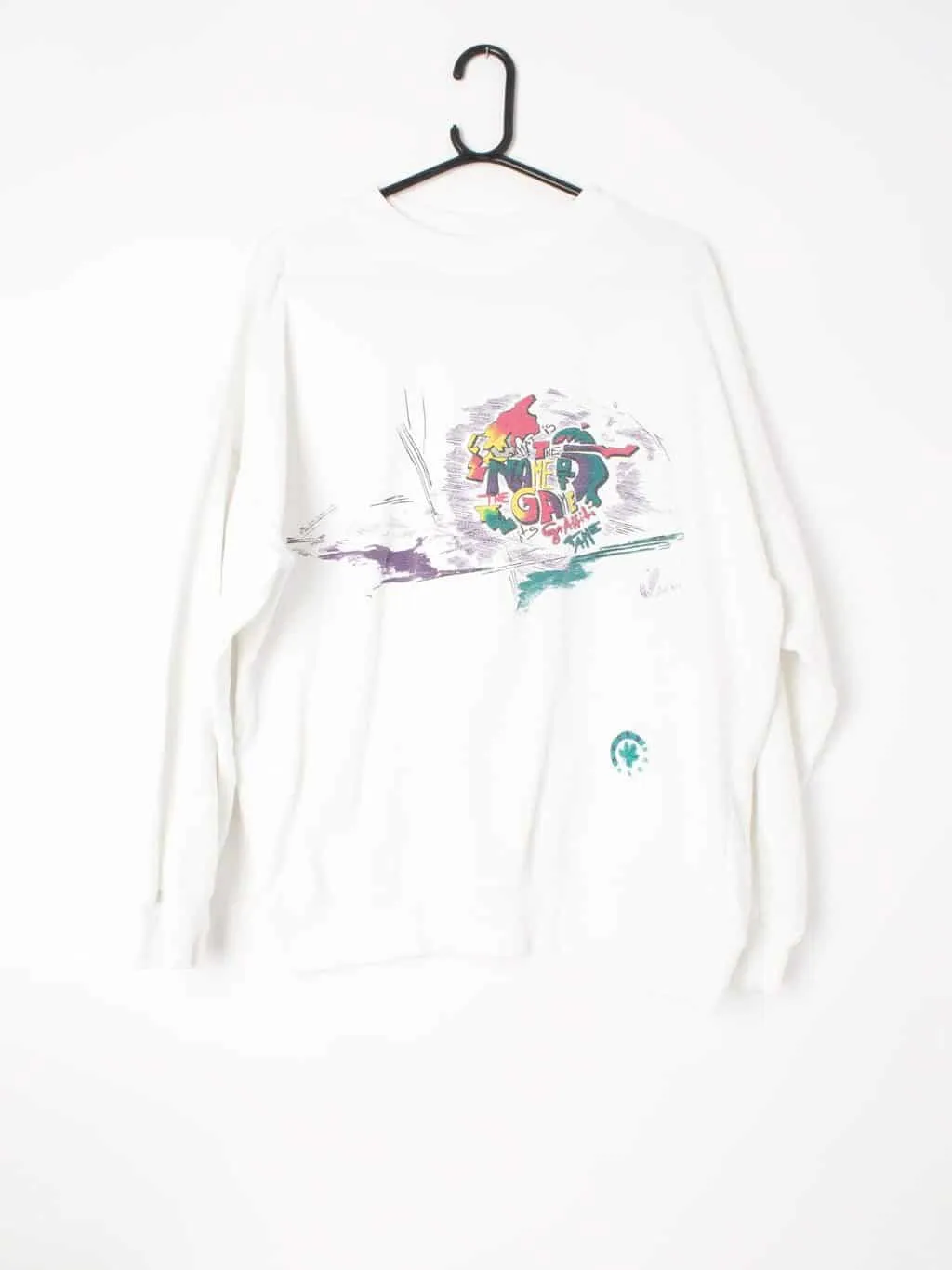 90s Mens vintage white crewneck sweatshirt with graffiti motif – L / XL