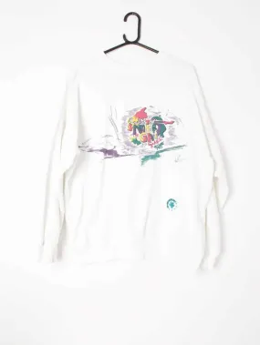 90s Mens vintage white crewneck sweatshirt with graffiti motif – L / XL