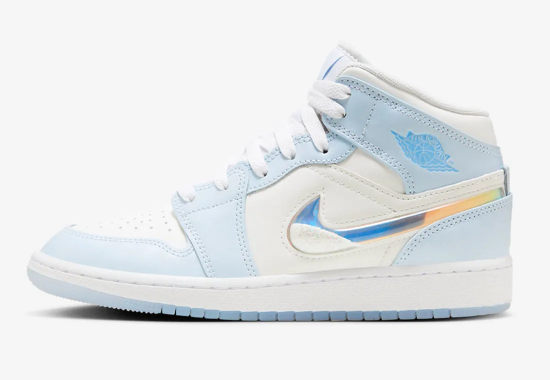 Air Jordan 1 Mid SE GS Glitter Swoosh White Light Blue FQ9117-400