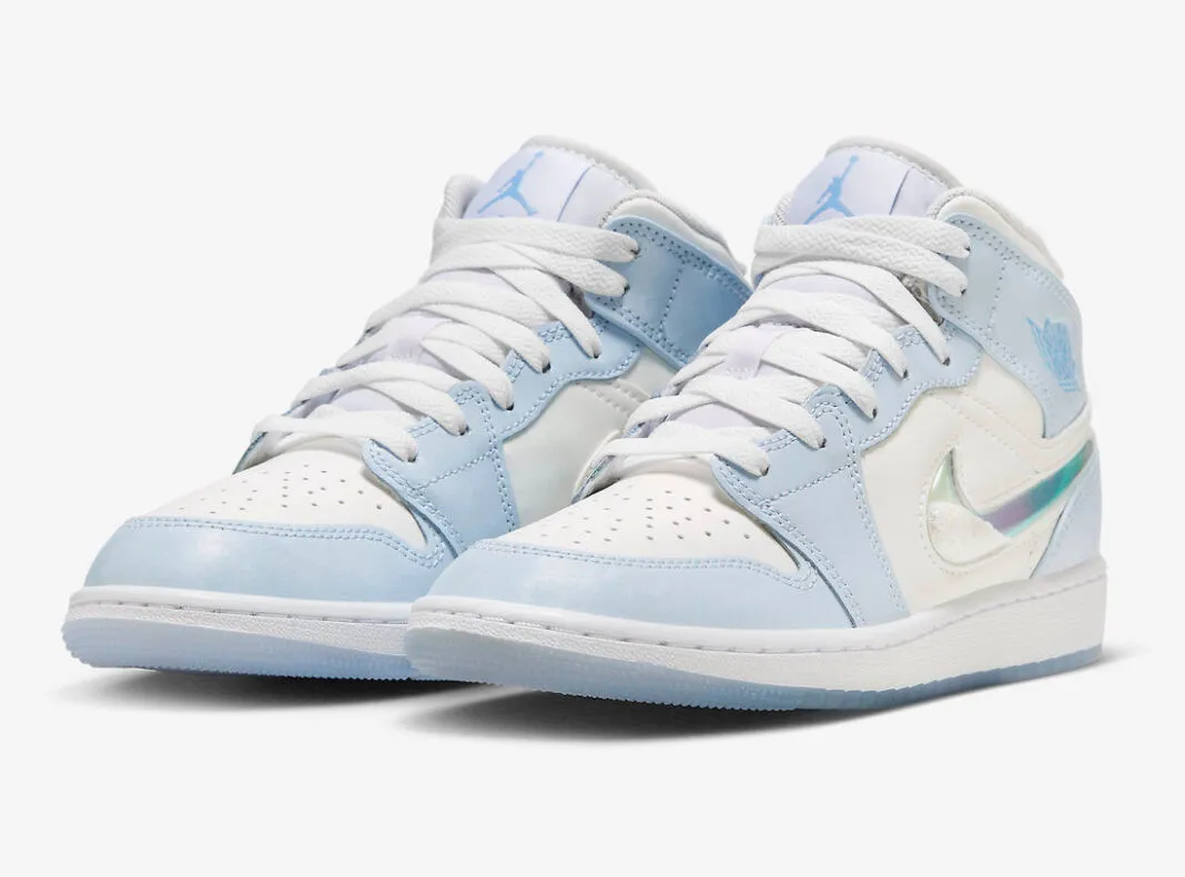 Air Jordan 1 Mid SE GS Glitter Swoosh White Light Blue FQ9117-400