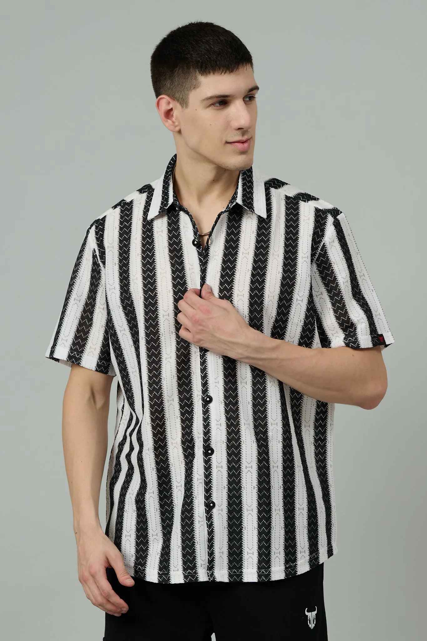 Black & White Crochet Multi Striped Casual Shirt for Men