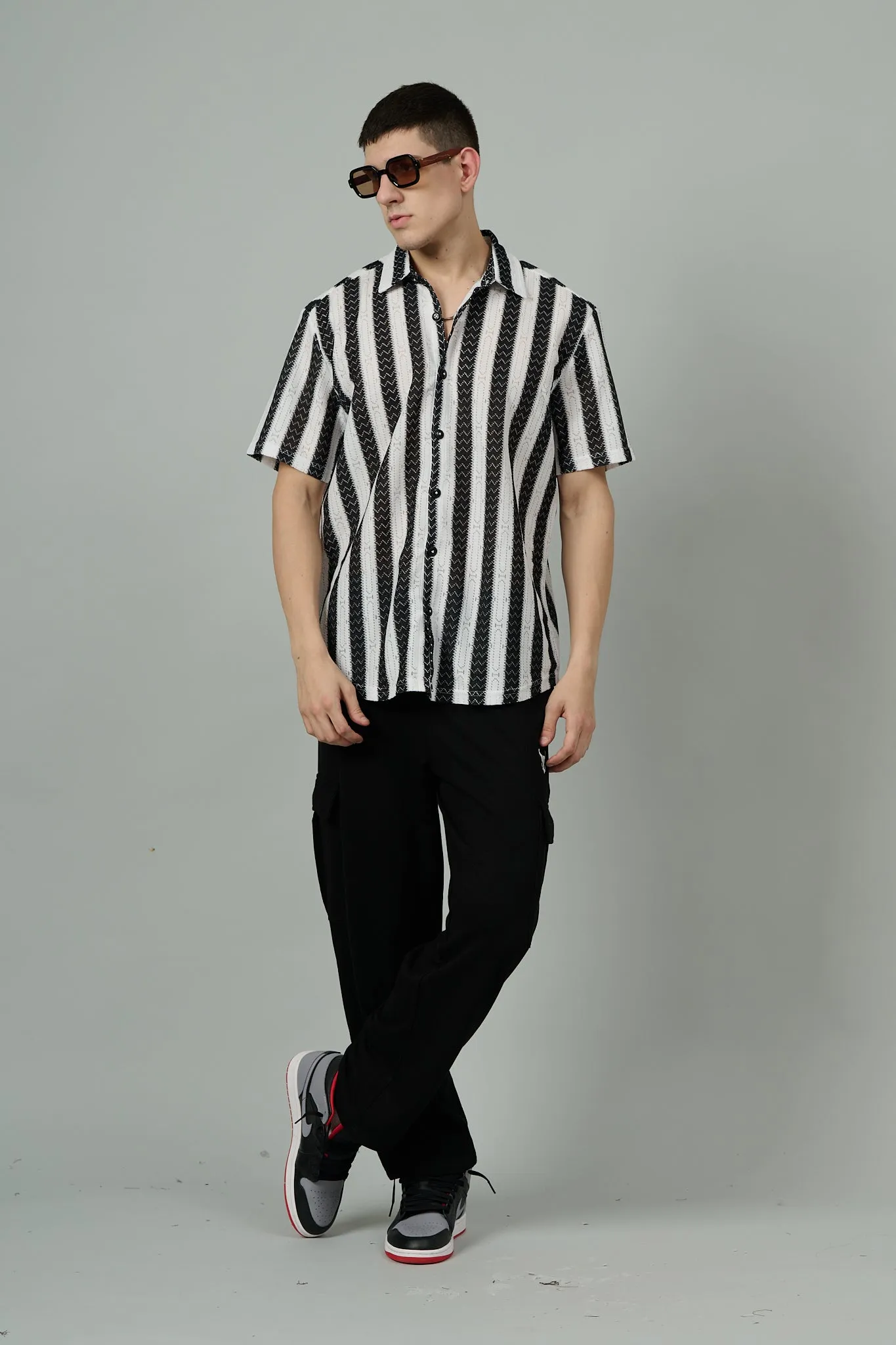 Black & White Crochet Multi Striped Casual Shirt for Men