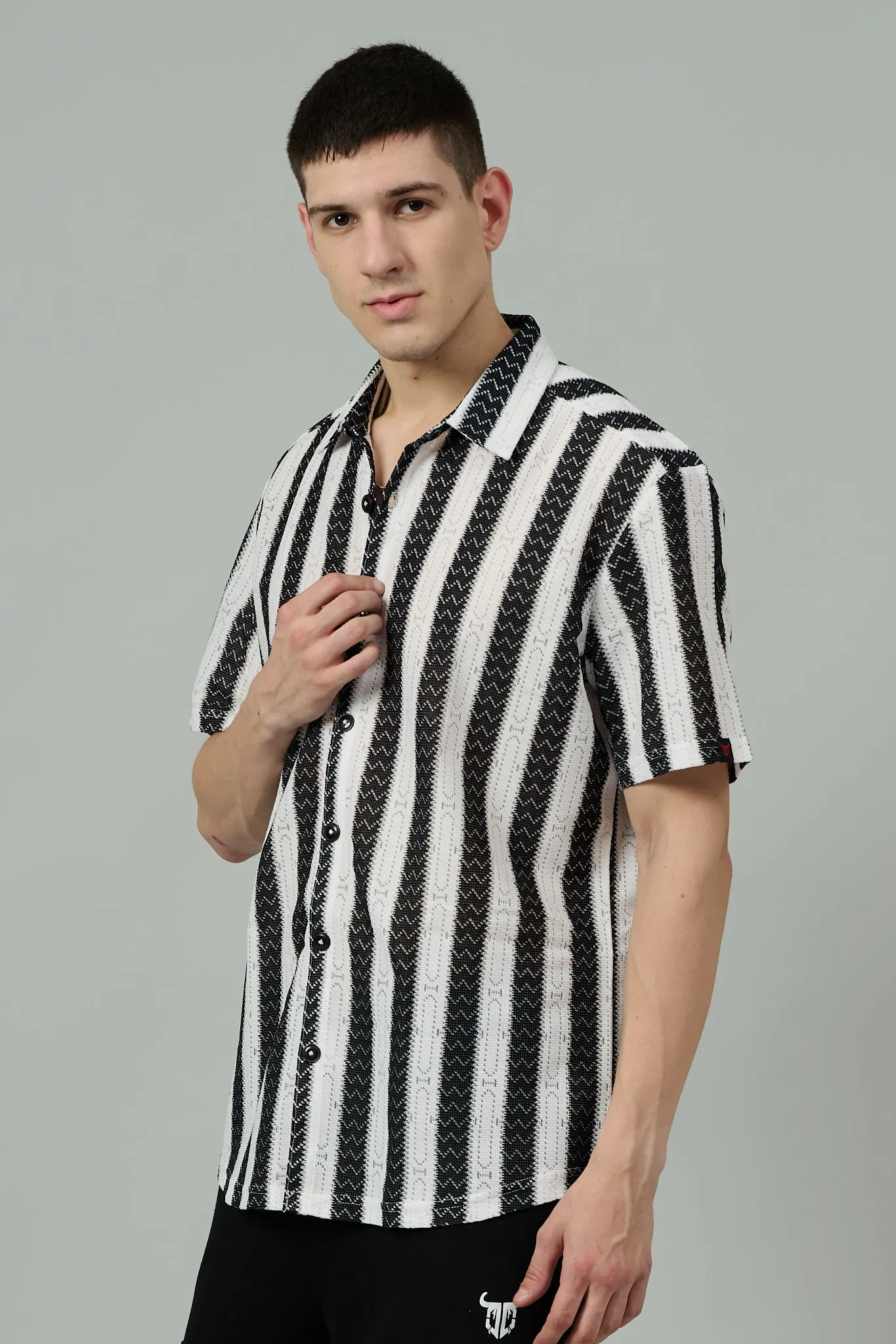 Black & White Crochet Multi Striped Casual Shirt for Men