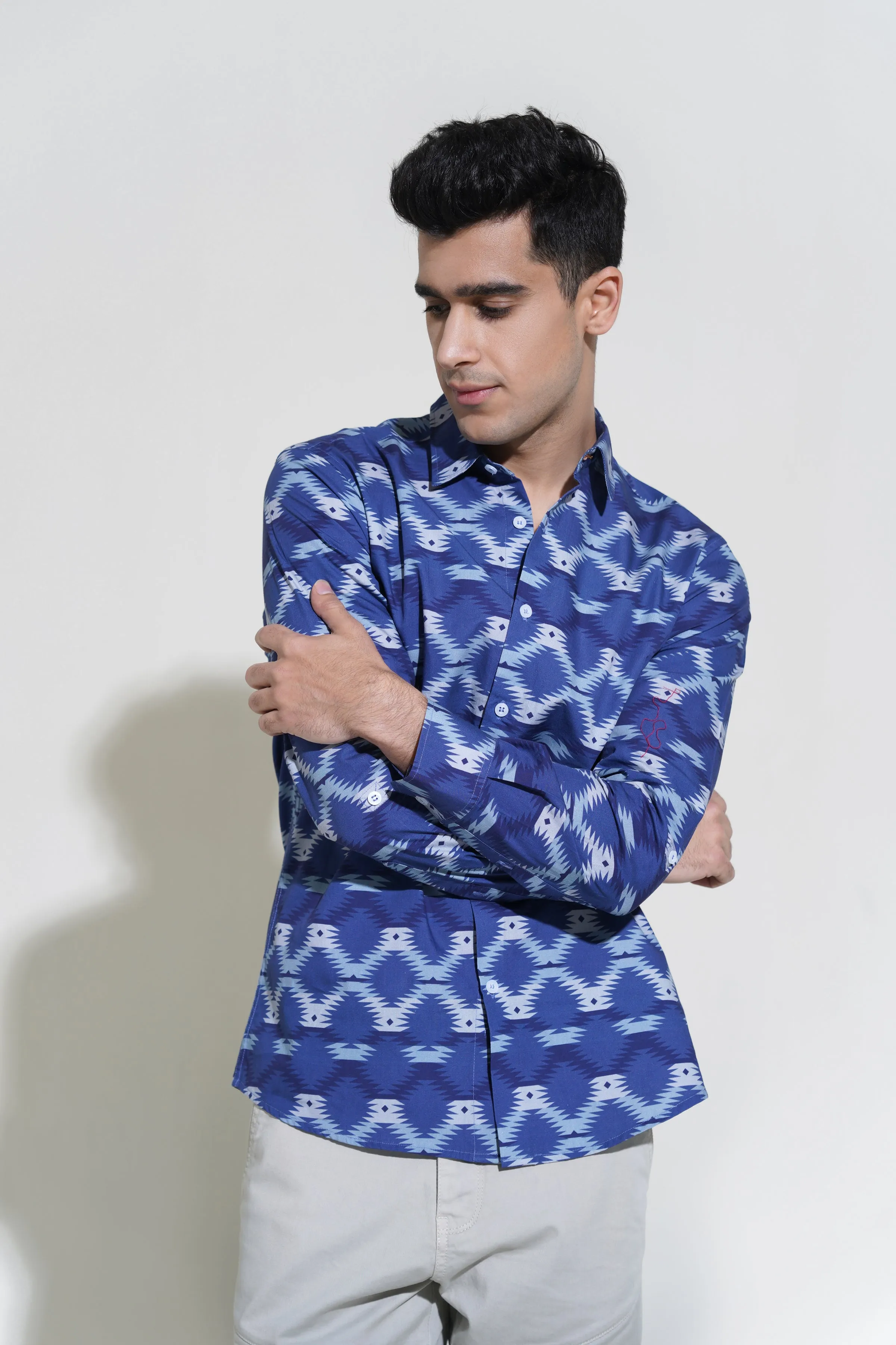 Blue & White Printed Casual Shirt