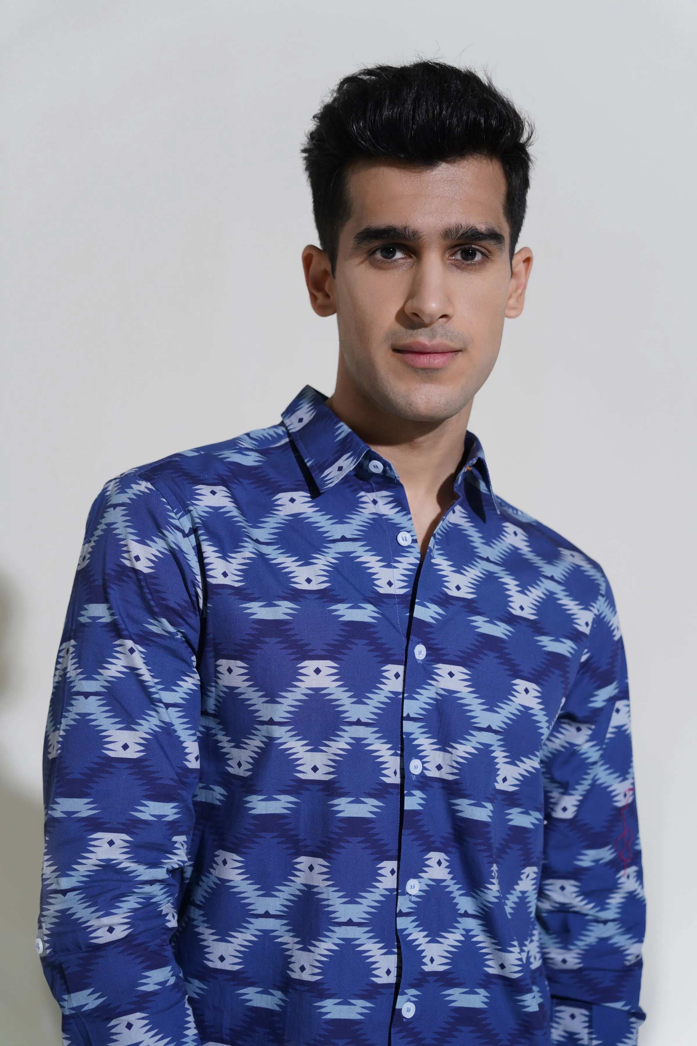 Blue & White Printed Casual Shirt