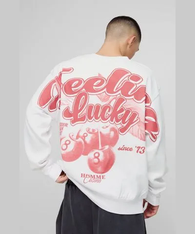 boohooMAN Mens Oversized Feeling Lucky Cherry Graphic Sweatshirt