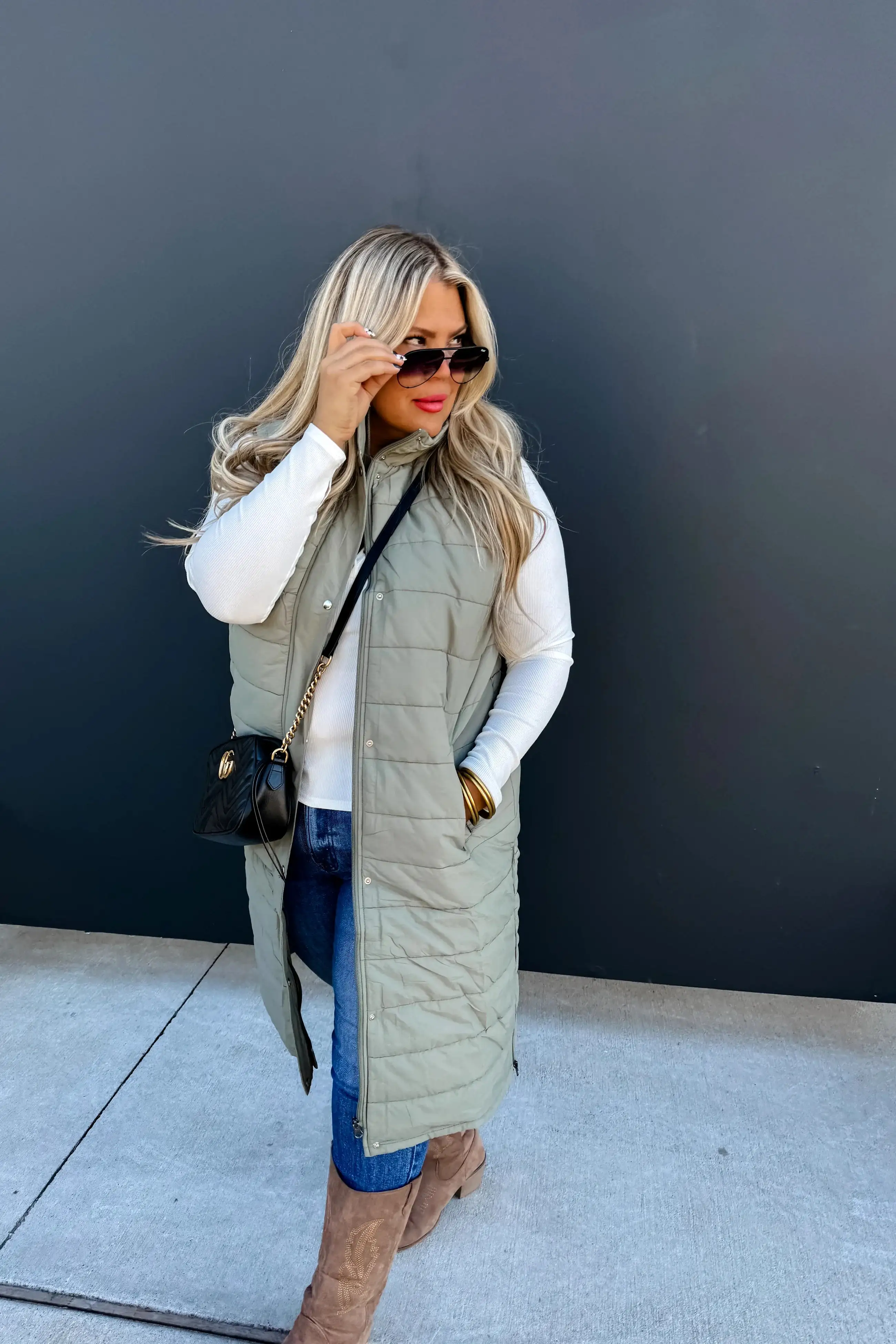 Broken Heart Long Puffer Vest - Olive