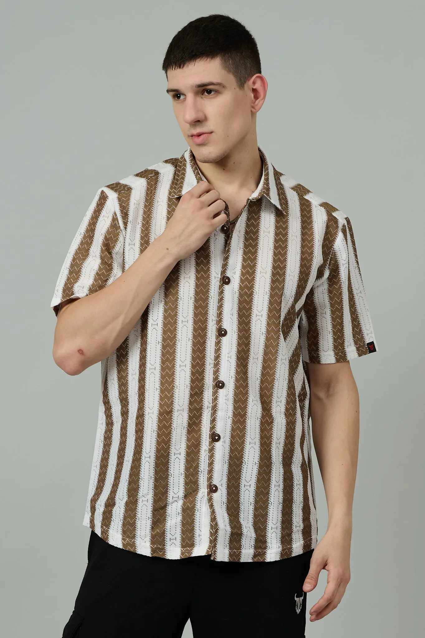 Brown & White Crochet Multi Striped Casual Shirt for Men