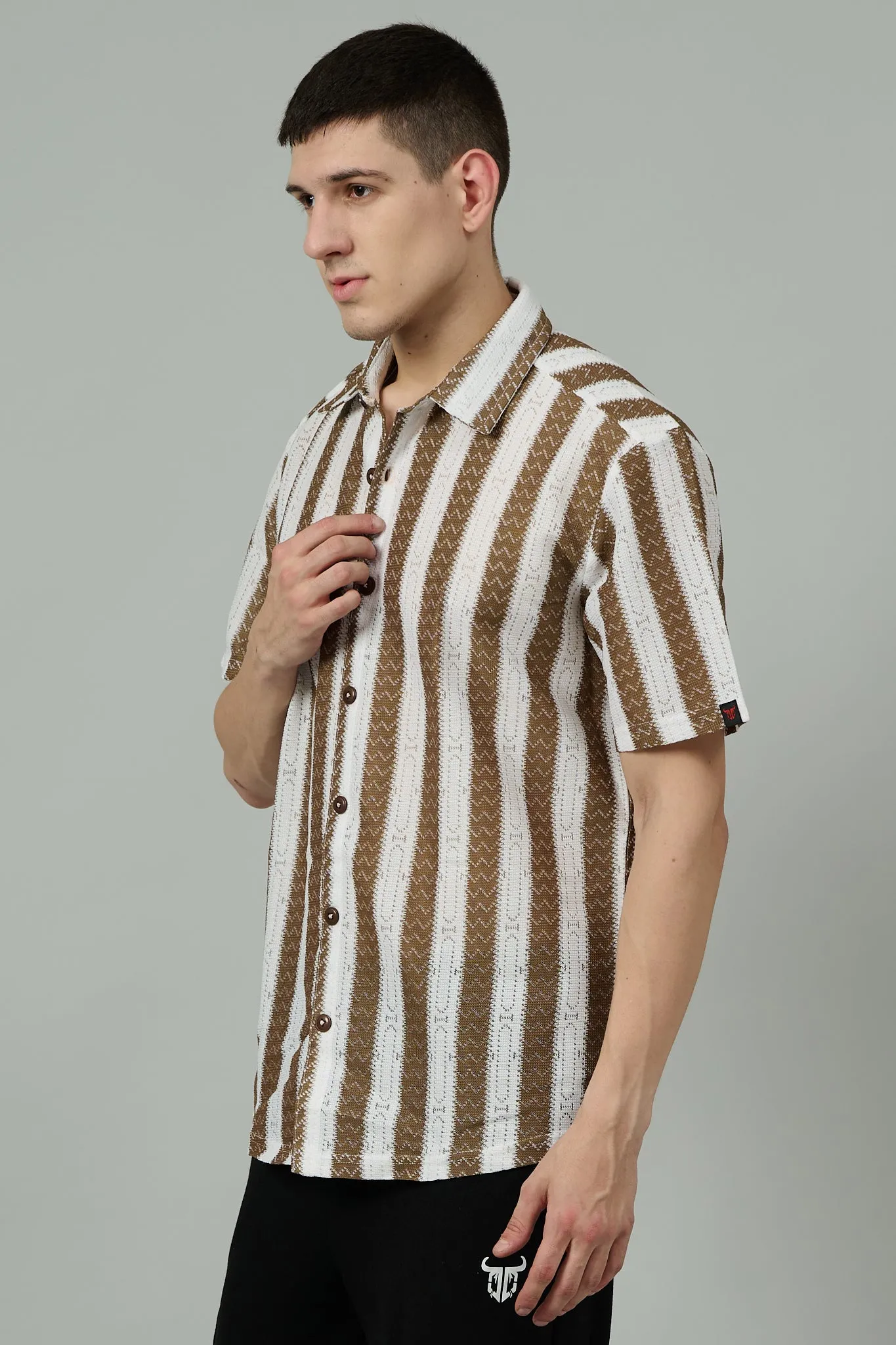 Brown & White Crochet Multi Striped Casual Shirt for Men