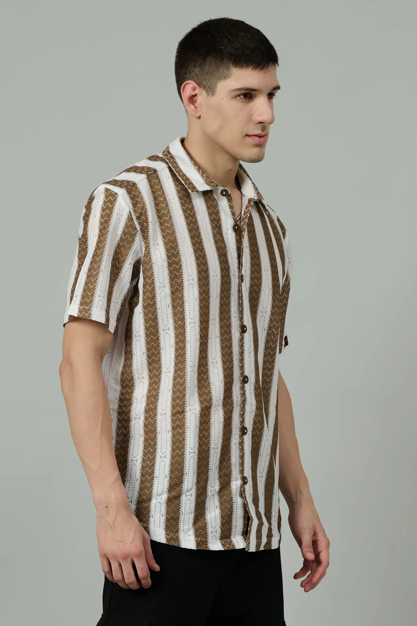 Brown & White Crochet Multi Striped Casual Shirt for Men