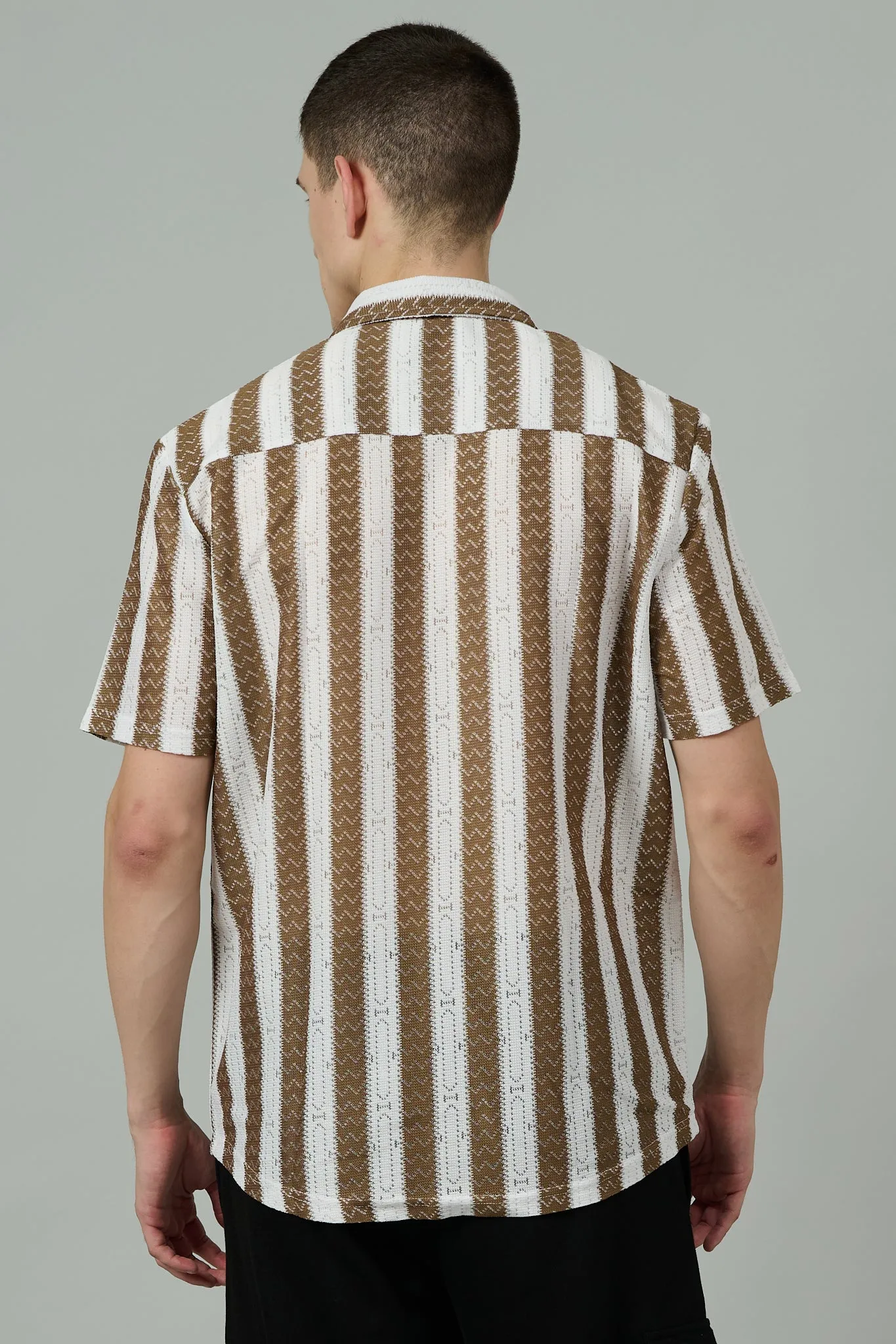 Brown & White Crochet Multi Striped Casual Shirt for Men