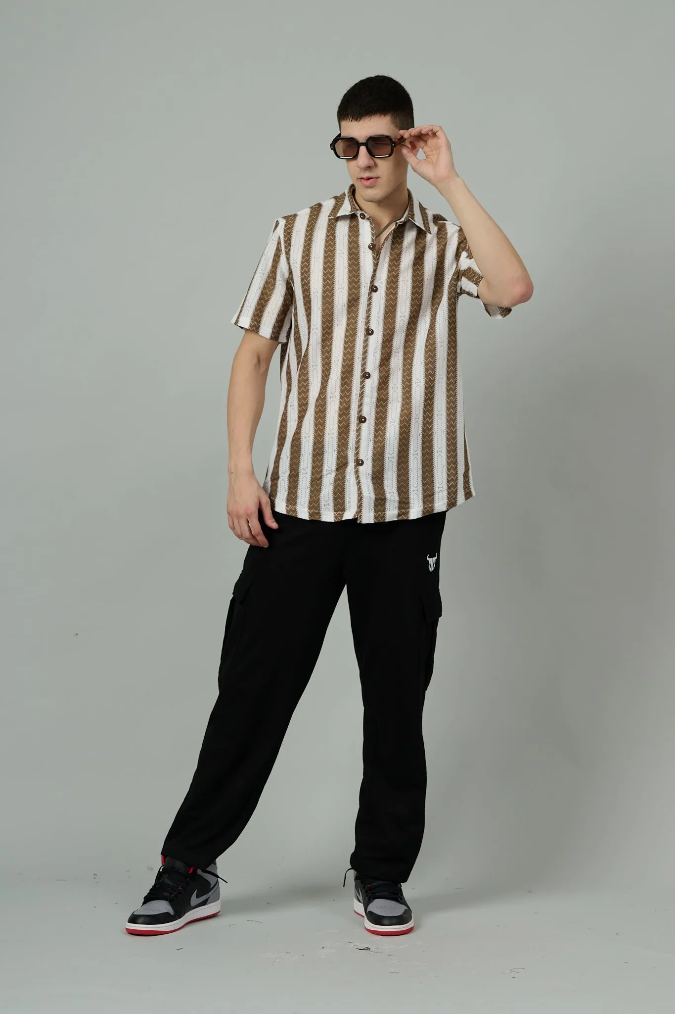 Brown & White Crochet Multi Striped Casual Shirt for Men