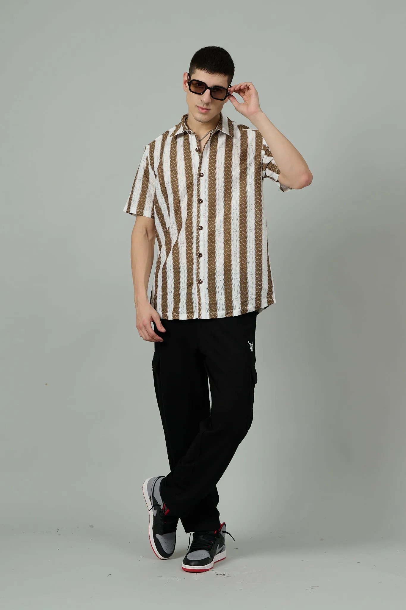 Brown & White Crochet Multi Striped Casual Shirt for Men