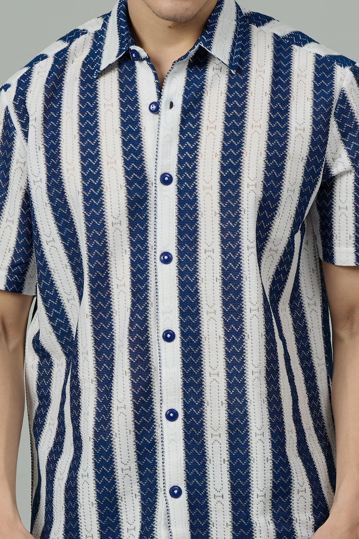 Dark Blue & White Crochet Multi Striped Casual Shirt for Men