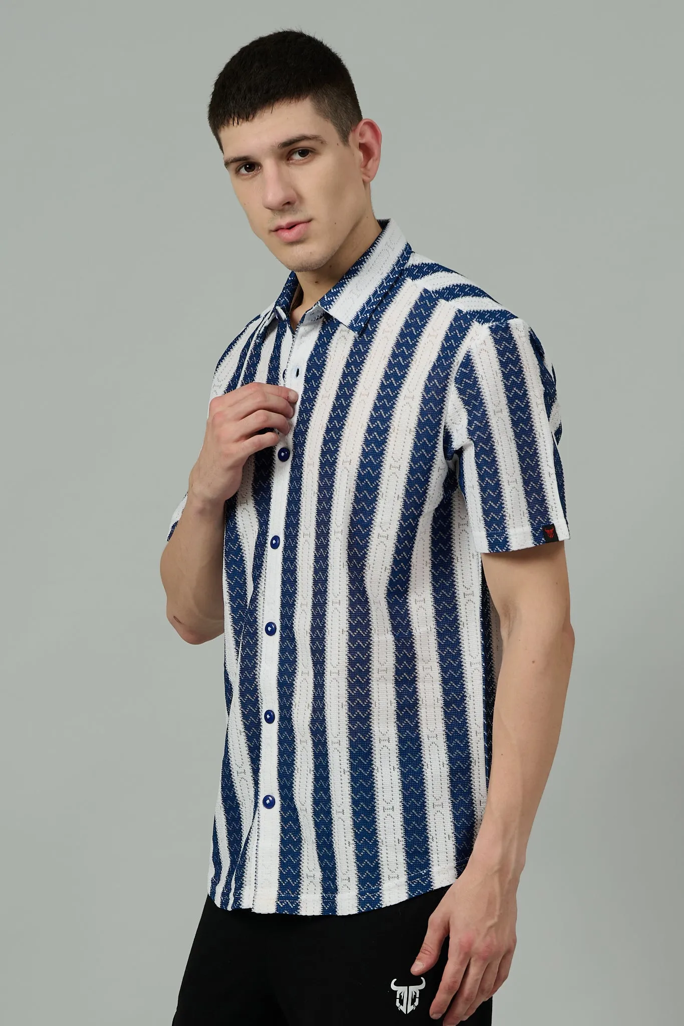 Dark Blue & White Crochet Multi Striped Casual Shirt for Men