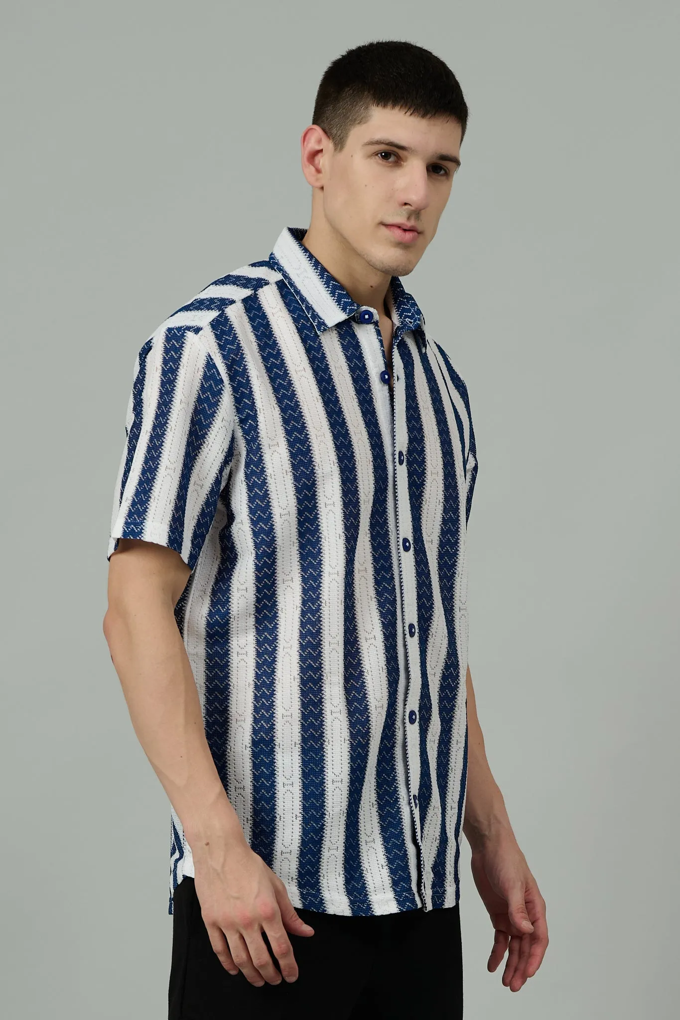 Dark Blue & White Crochet Multi Striped Casual Shirt for Men