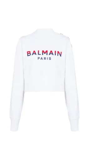 Flocked Balmain Paris Cropped Sweatshirt - White/Red/Blue