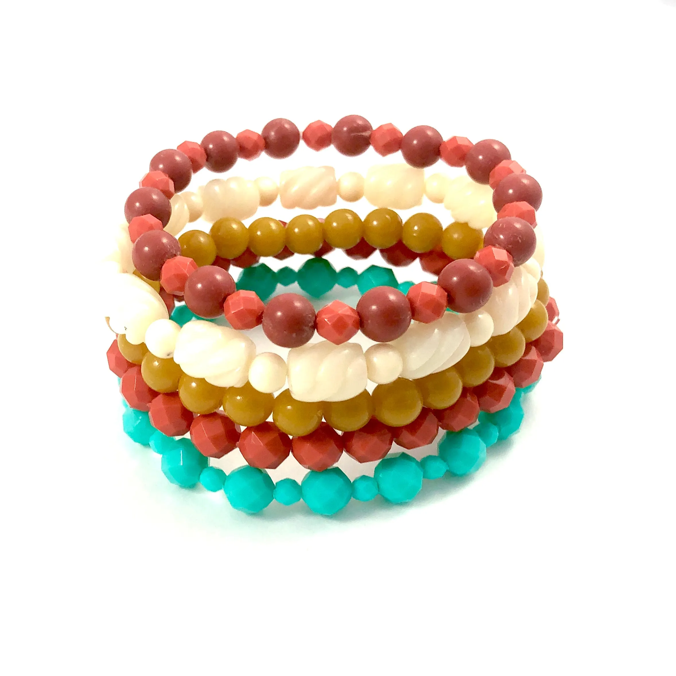 Golden Coral Red & Aqua Stack and Stretch Bracelet Set