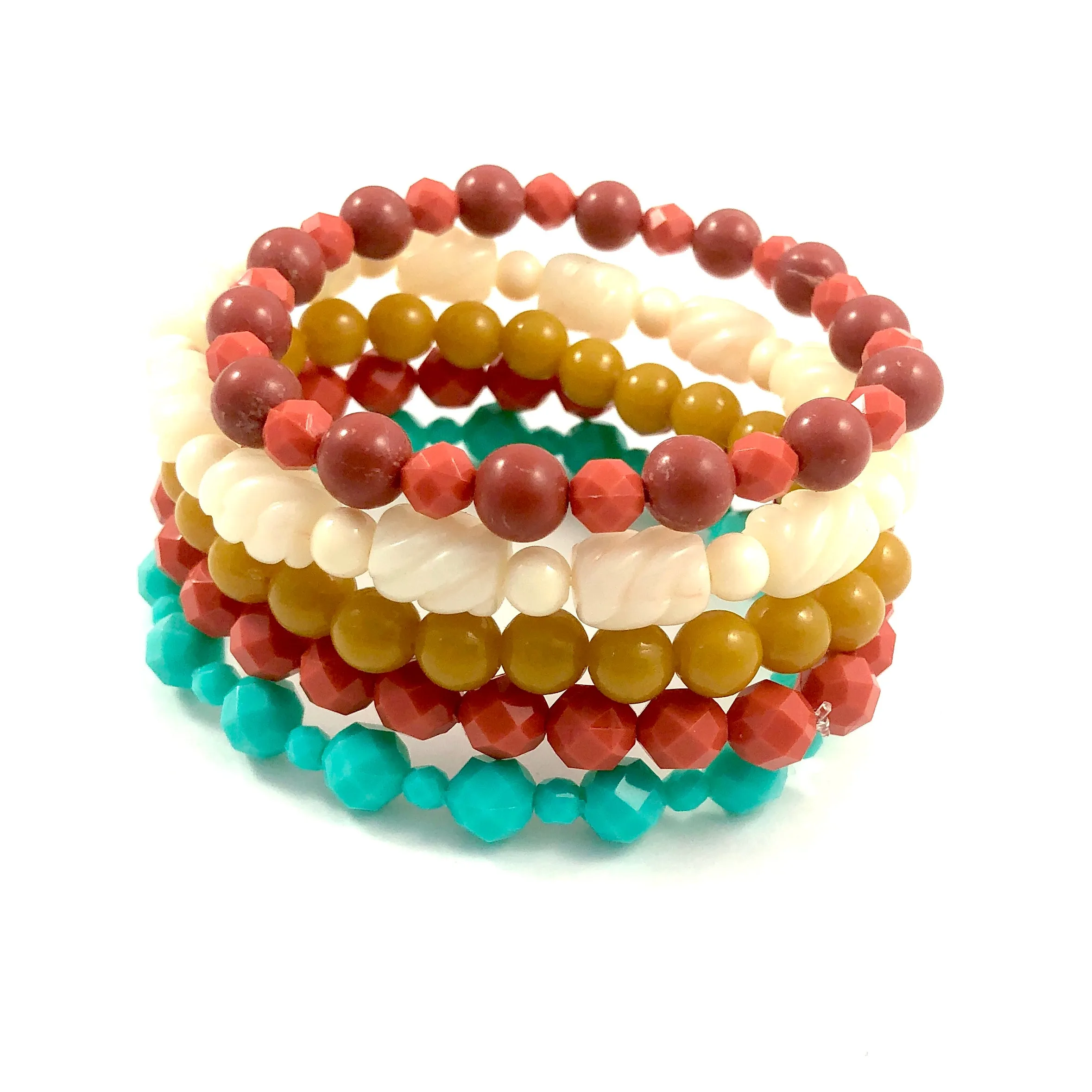 Golden Coral Red & Aqua Stack and Stretch Bracelet Set