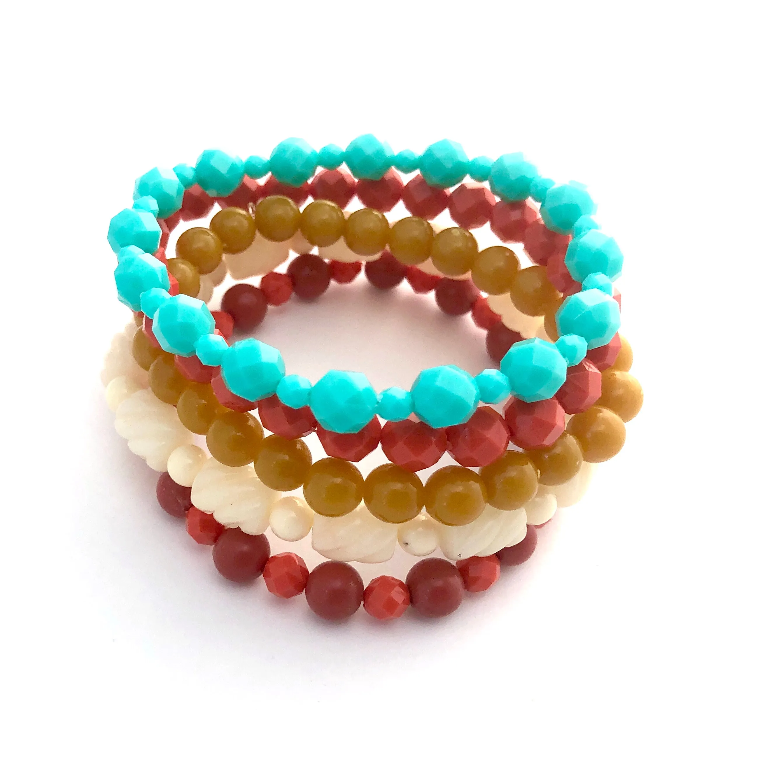 Golden Coral Red & Aqua Stack and Stretch Bracelet Set