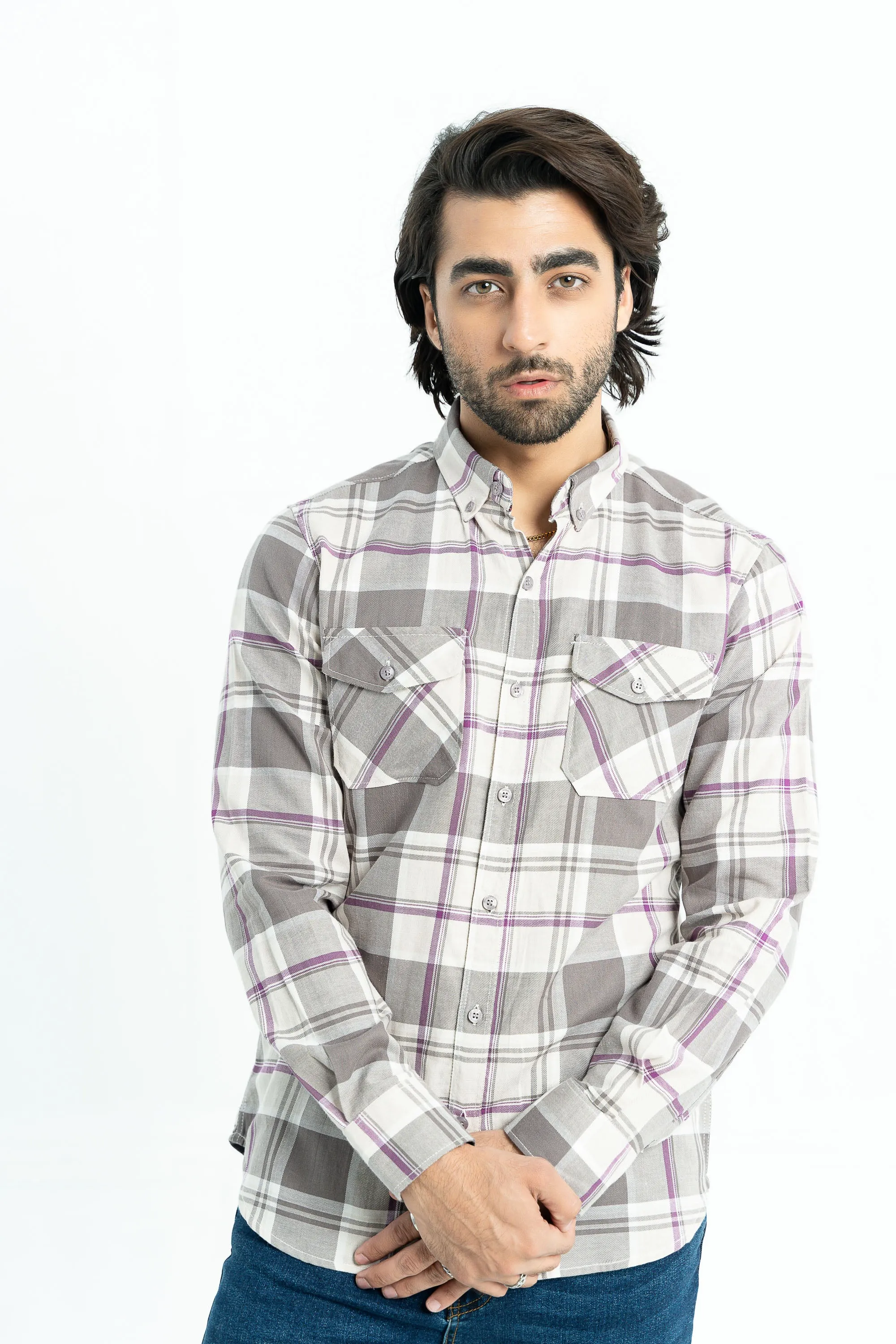 Grey/Purple Checkered Cotton Casual Shirt