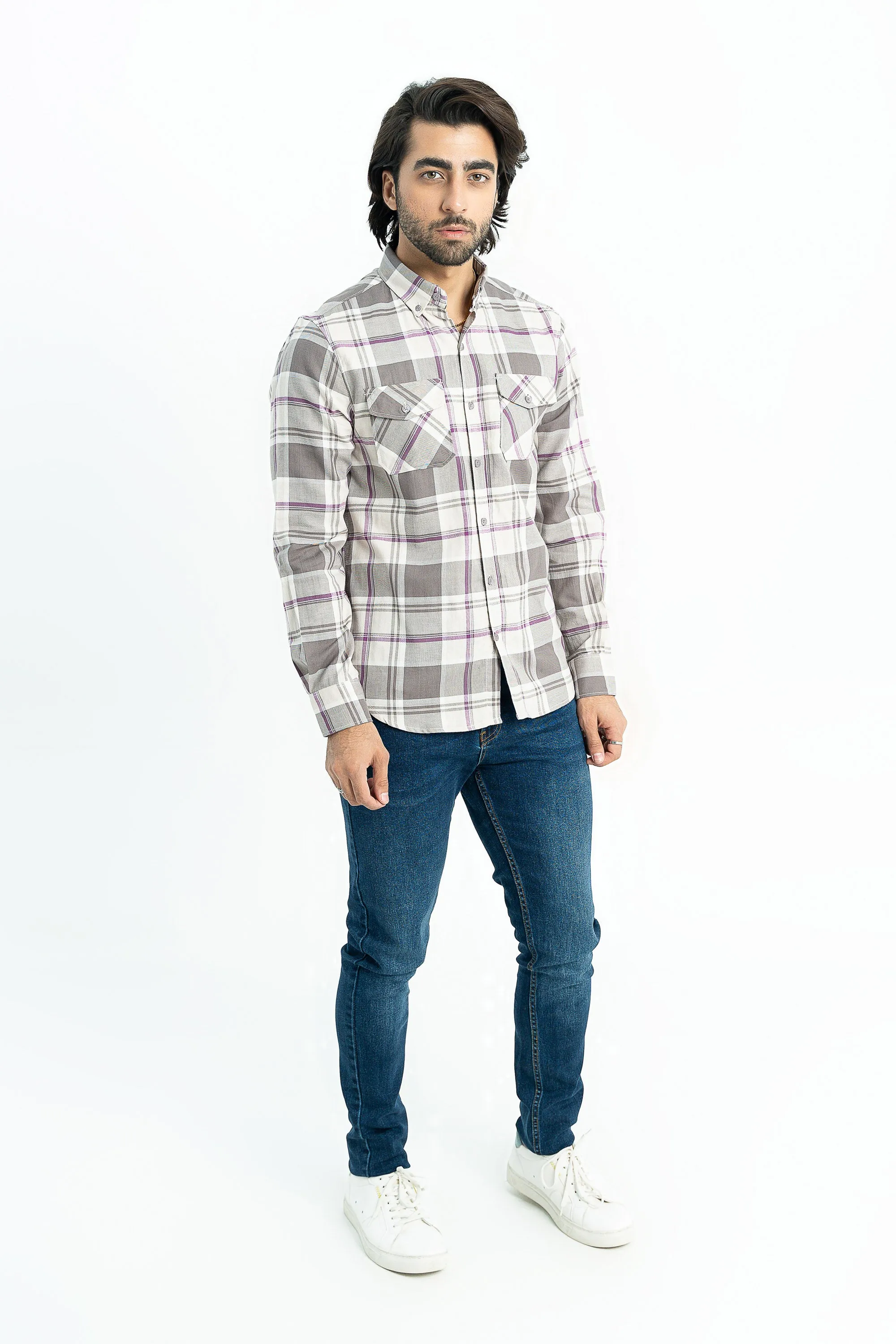 Grey/Purple Checkered Cotton Casual Shirt