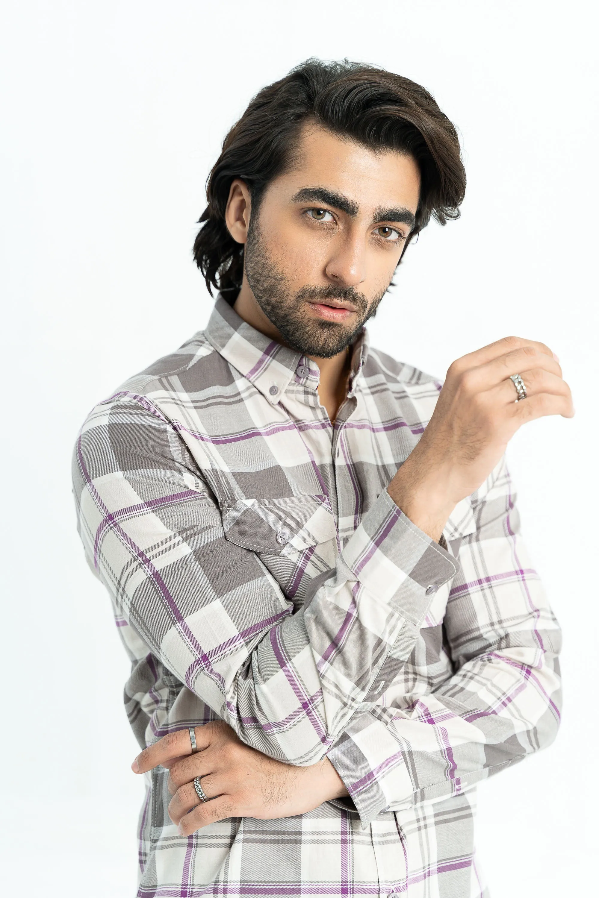 Grey/Purple Checkered Cotton Casual Shirt