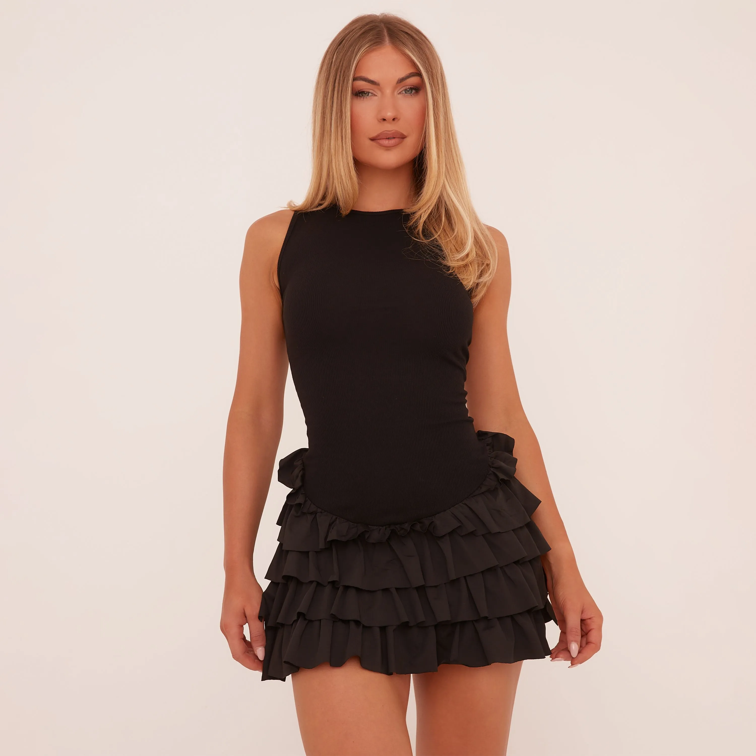 High Neck Lace Up Back Frill Hem Mini Dress In Black Woven