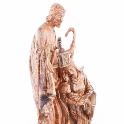 Holy Family Holding Lamp Statue, 16.1 Masterpiece Olive Wood Statue from the Holy LandMasterpiece Olive Wood Carved Sculpture fr