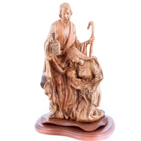 Holy Family Holding Lamp Statue, 16.1 Masterpiece Olive Wood Statue from the Holy LandMasterpiece Olive Wood Carved Sculpture fr