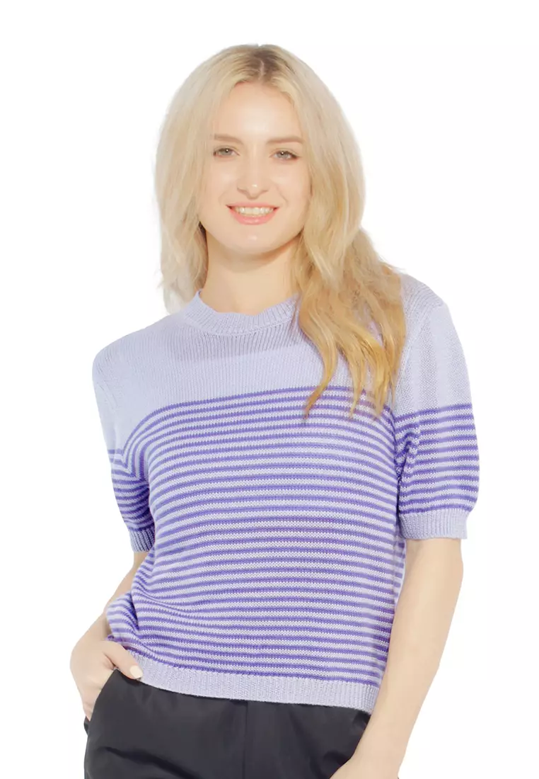 London Rag Purple Stripped Crew Neck Casual Top