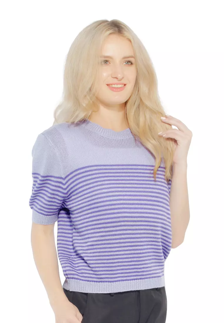 London Rag Purple Stripped Crew Neck Casual Top