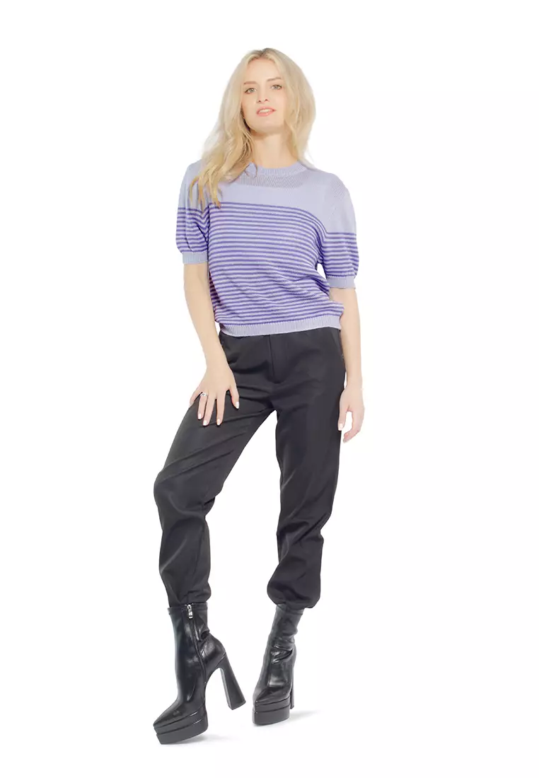 London Rag Purple Stripped Crew Neck Casual Top