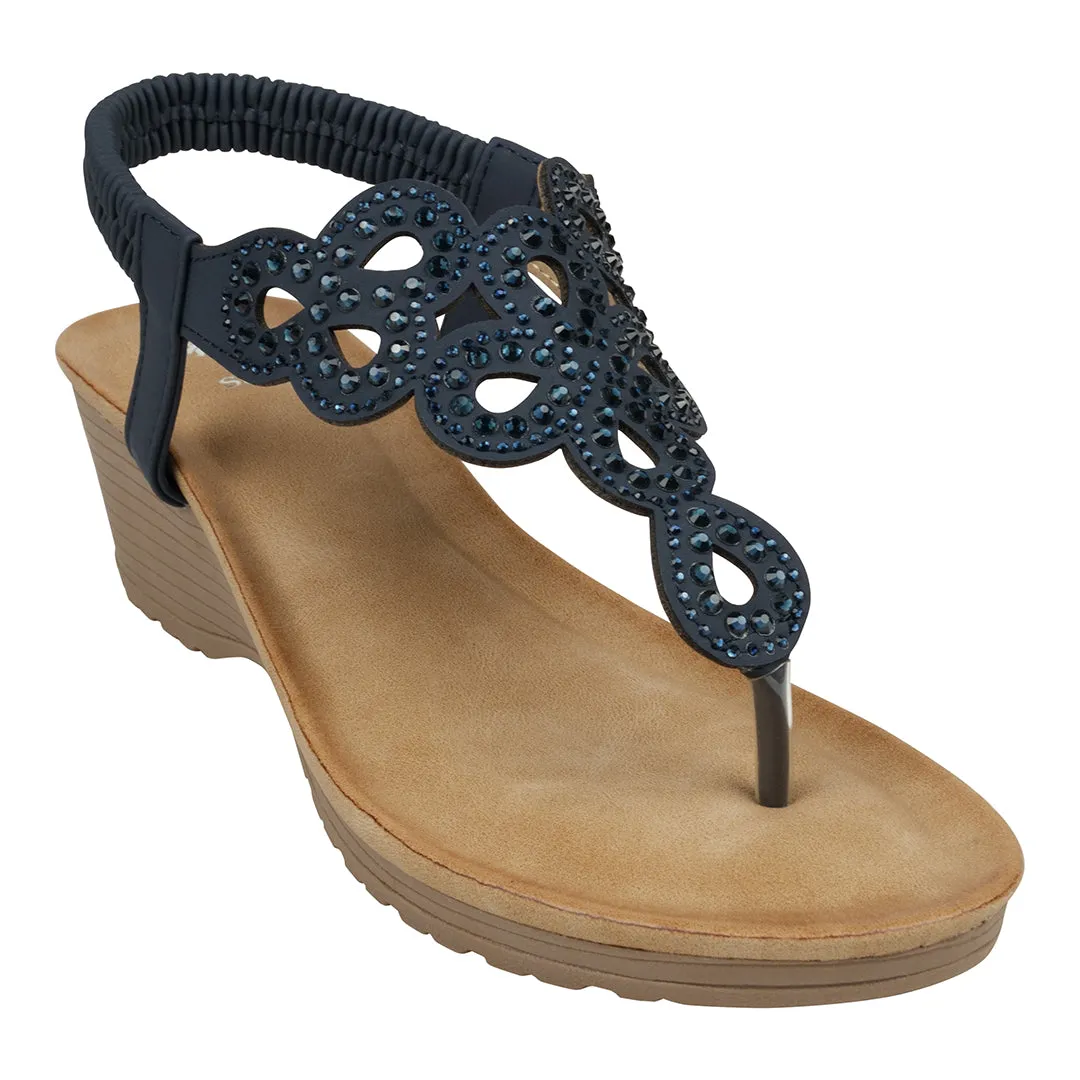 Madelyn Navy Embellished Laser Cut Slingback Wedge Sandals