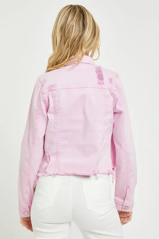 Make Me Happy Fray Hem Color Jean Jacket - Acid Pink