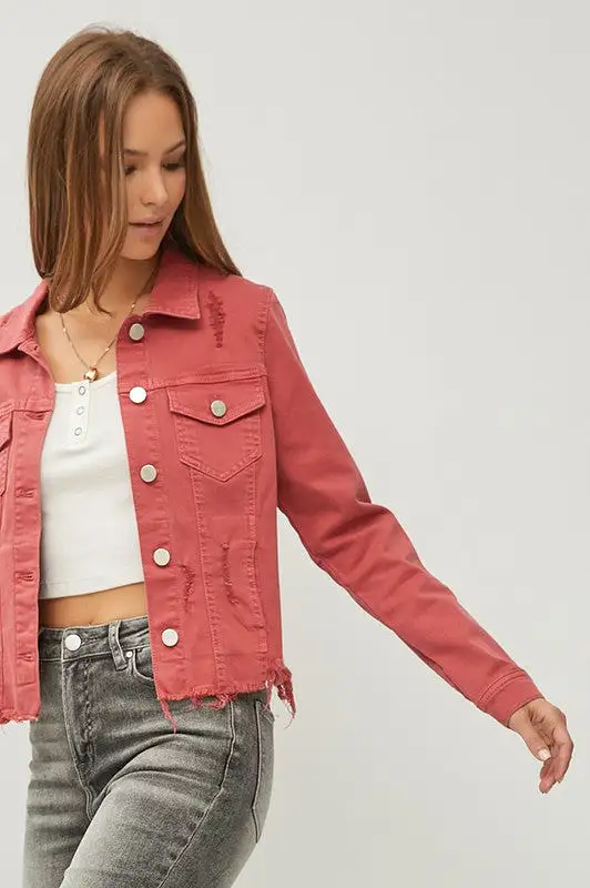 Make Me Happy Fray Hem Color Jean Jacket - Brick