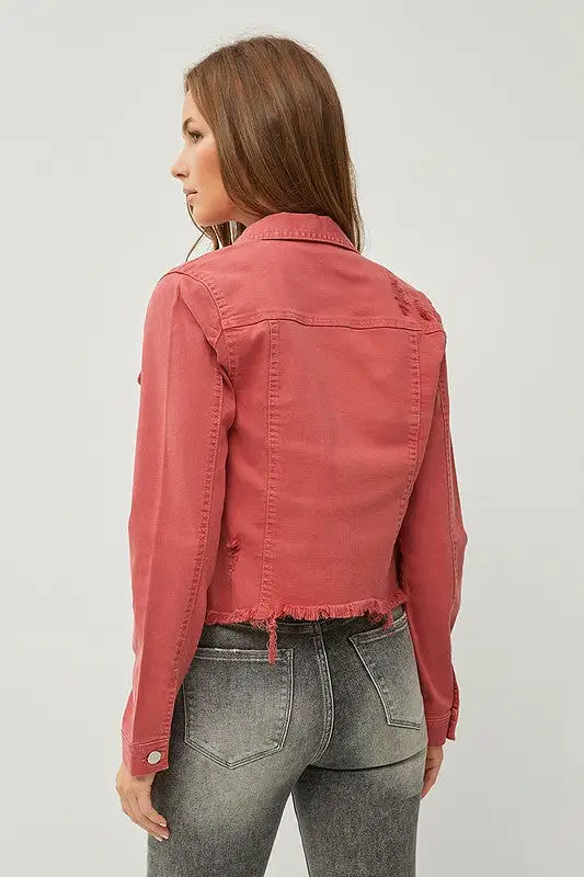 Make Me Happy Fray Hem Color Jean Jacket - Brick