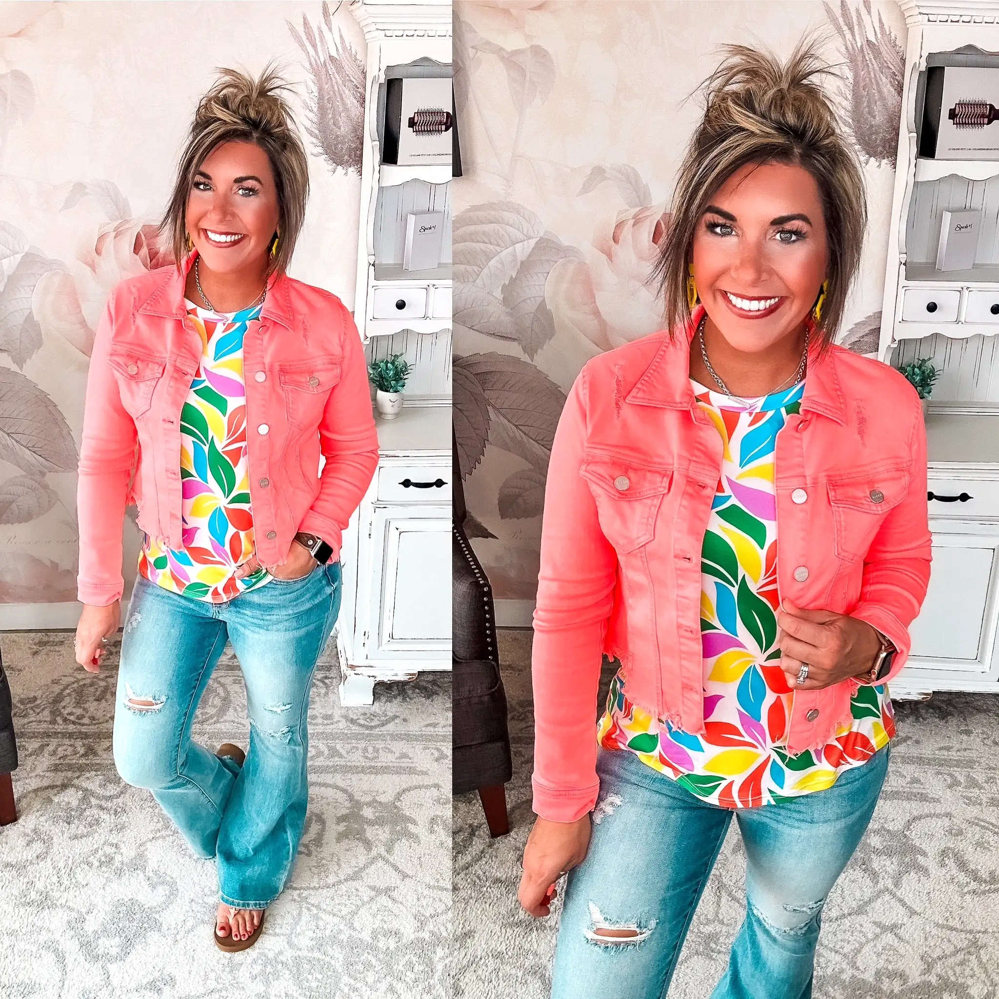 Make Me Happy Fray Hem Color Jean Jacket - Coral