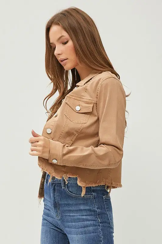 Make Me Happy Fray Hem Color Jean Jacket - Mocha