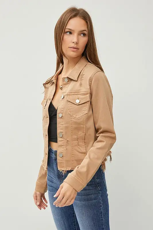 Make Me Happy Fray Hem Color Jean Jacket - Mocha