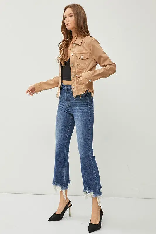 Make Me Happy Fray Hem Color Jean Jacket - Mocha