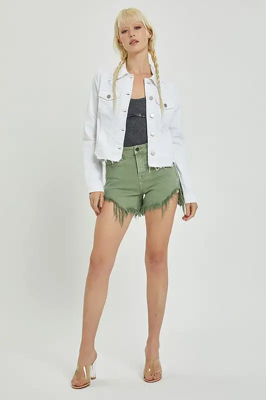 Make Me Happy Fray Hem Color Jean Jacket - White