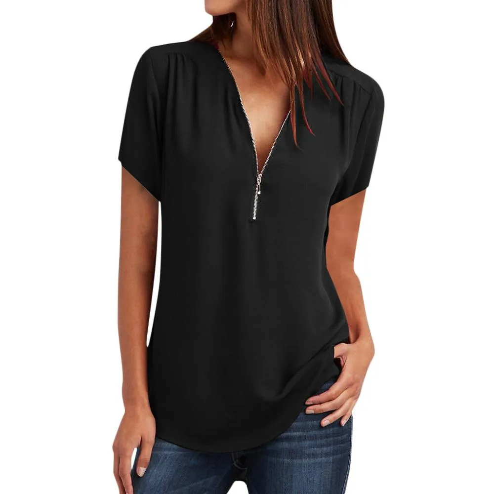 MBluxy Female Casual Top Shirt Ladies V Neck Zipper