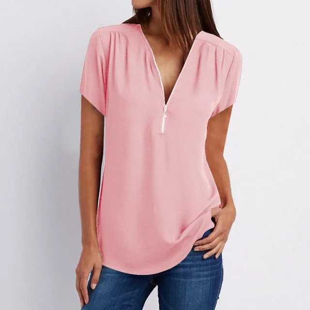 MBluxy Female Casual Top Shirt Ladies V Neck Zipper