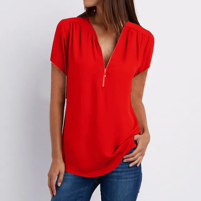 MBluxy Female Casual Top Shirt Ladies V Neck Zipper