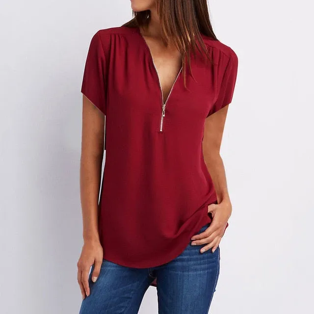 MBluxy Female Casual Top Shirt Ladies V Neck Zipper