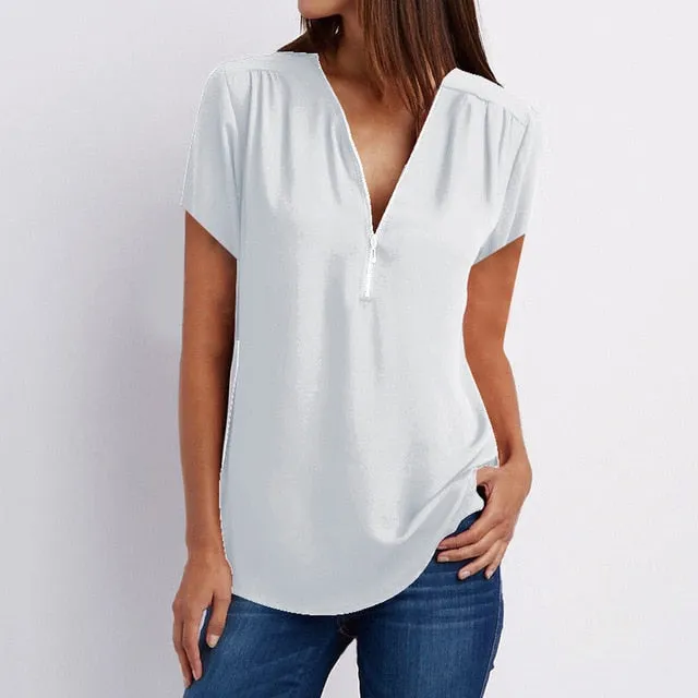 MBluxy Female Casual Top Shirt Ladies V Neck Zipper