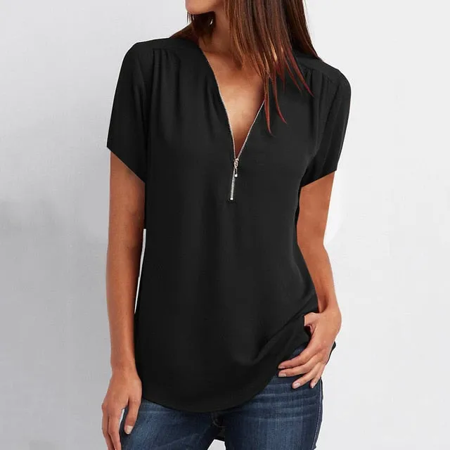 MBluxy Female Casual Top Shirt Ladies V Neck Zipper