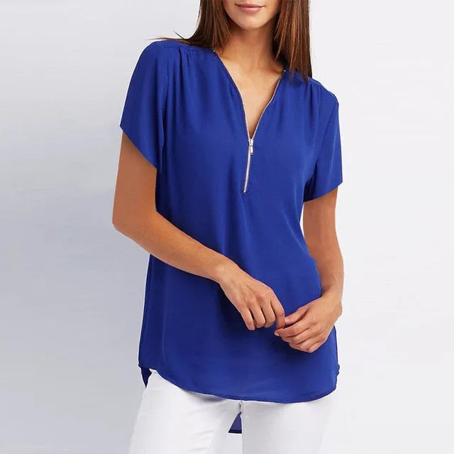 MBluxy Female Casual Top Shirt Ladies V Neck Zipper