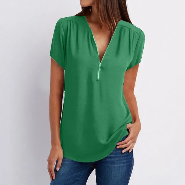 MBluxy Female Casual Top Shirt Ladies V Neck Zipper